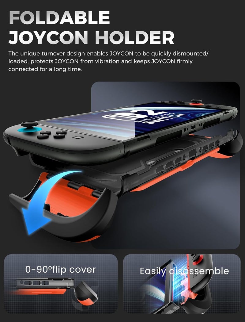 Mumba Dockable for Nintendo Switch 2 Case with Flip Stand, [Titan] Ergonomic Switch 2 Grip Protective Cover Holds 5 Game Cards & 2 TF Cards TPU Accessories and Quick-Release Joy-Con Design (Orange) - Image 4